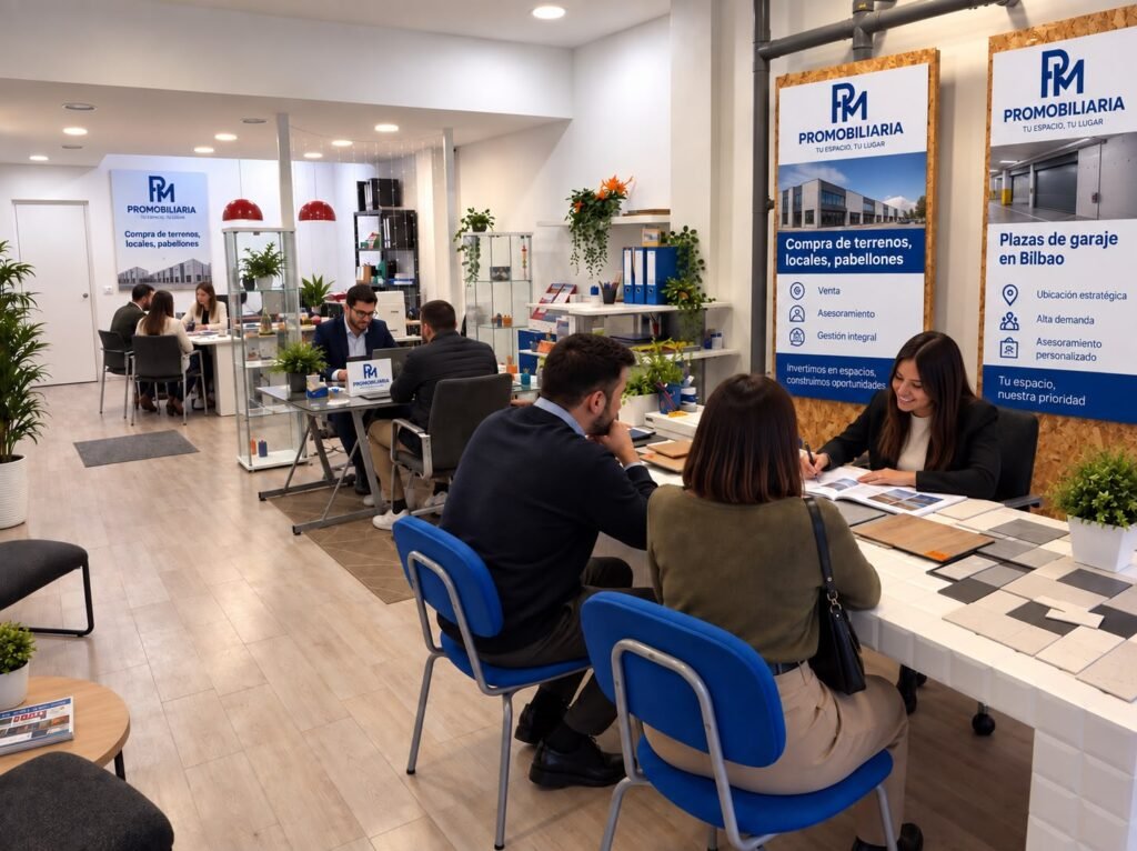Equipo de Promobiliaria atendiendo y asesorando a clientes en la oficina